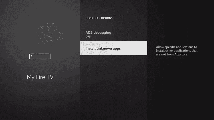 Install unknown apps option inside Firestick developer options