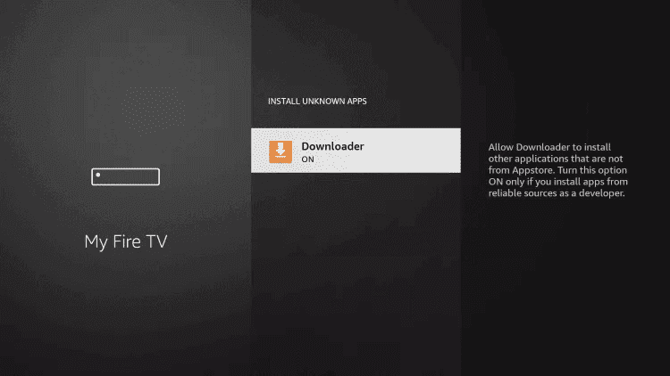 Downloader switched ON in Install unknown apps, ready to sideload an IPTV app